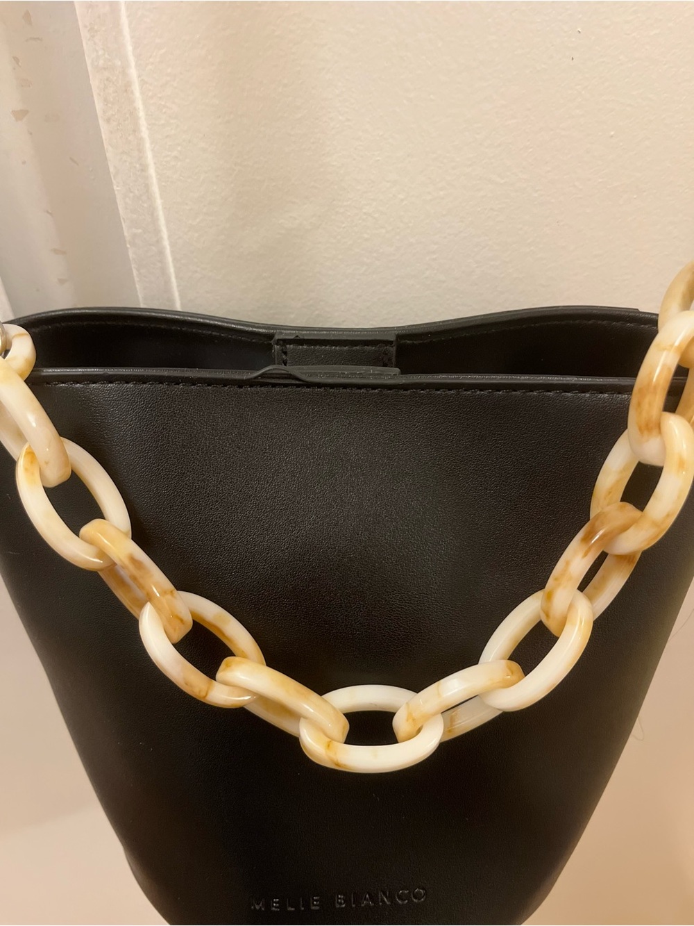 Melie Bianco Black Bucket Crossbody/Tote Bag with Marbled Resin Chain